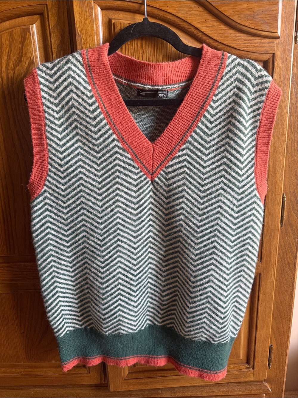 Chevron Knit V-Neck Sweater Vest in Green and Coral